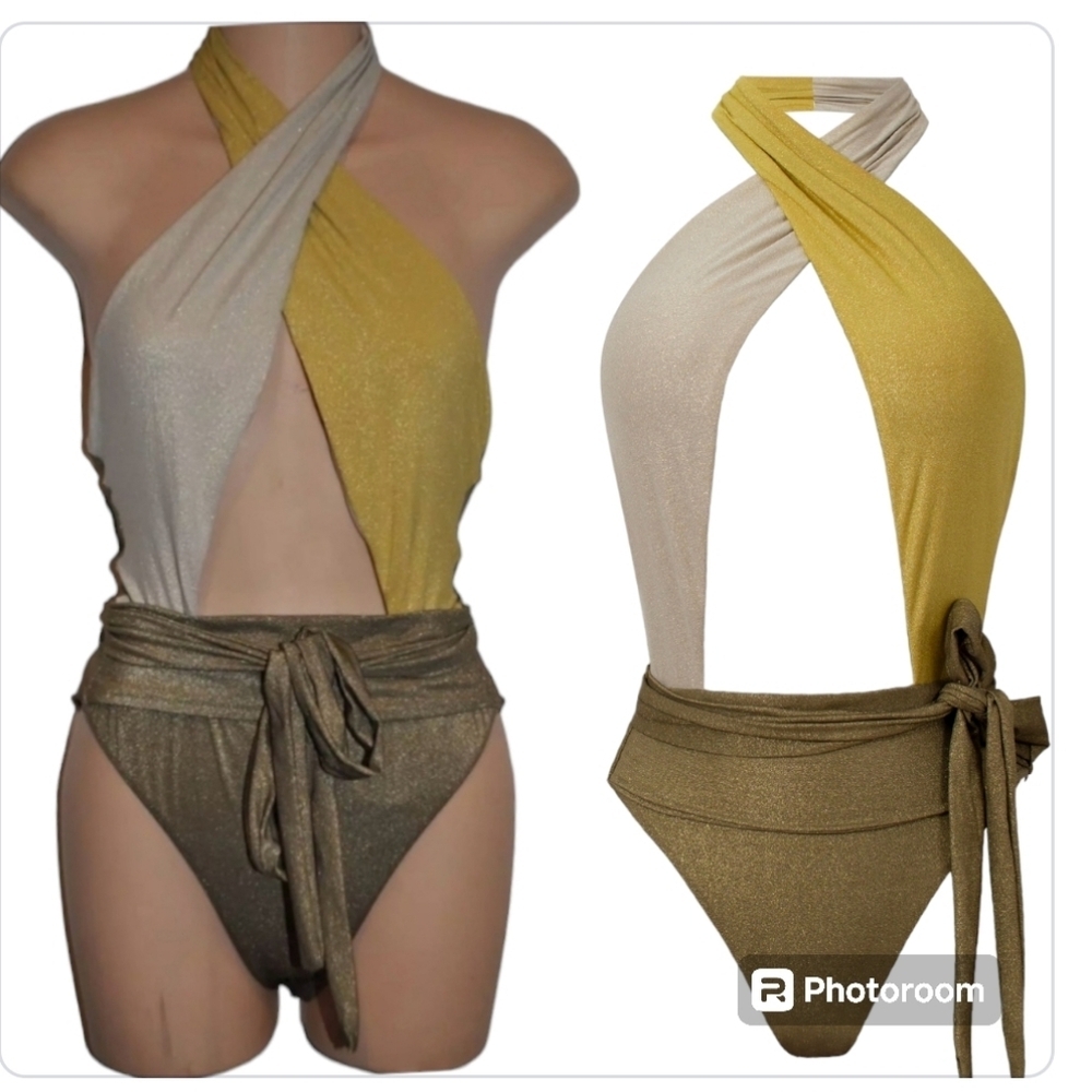 NWT PQ SWIM Alex Tricolor Halter One Piece Swimsuit Metallic Green Gold M - Picture 3 of 10